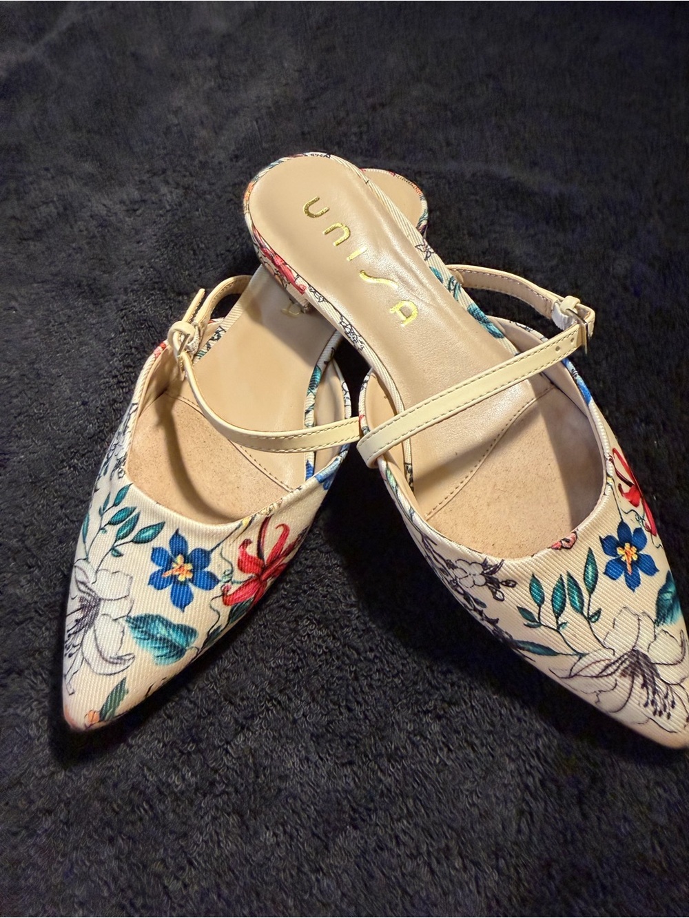 Unisa Cream Floral Pointed-Toe Slingback Flats with Blue & Green Accents 7